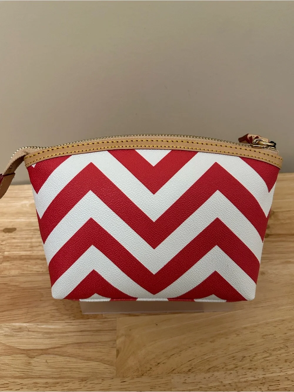 Dooney & Bourke Red and White Chevron Pouch with Tan Trim